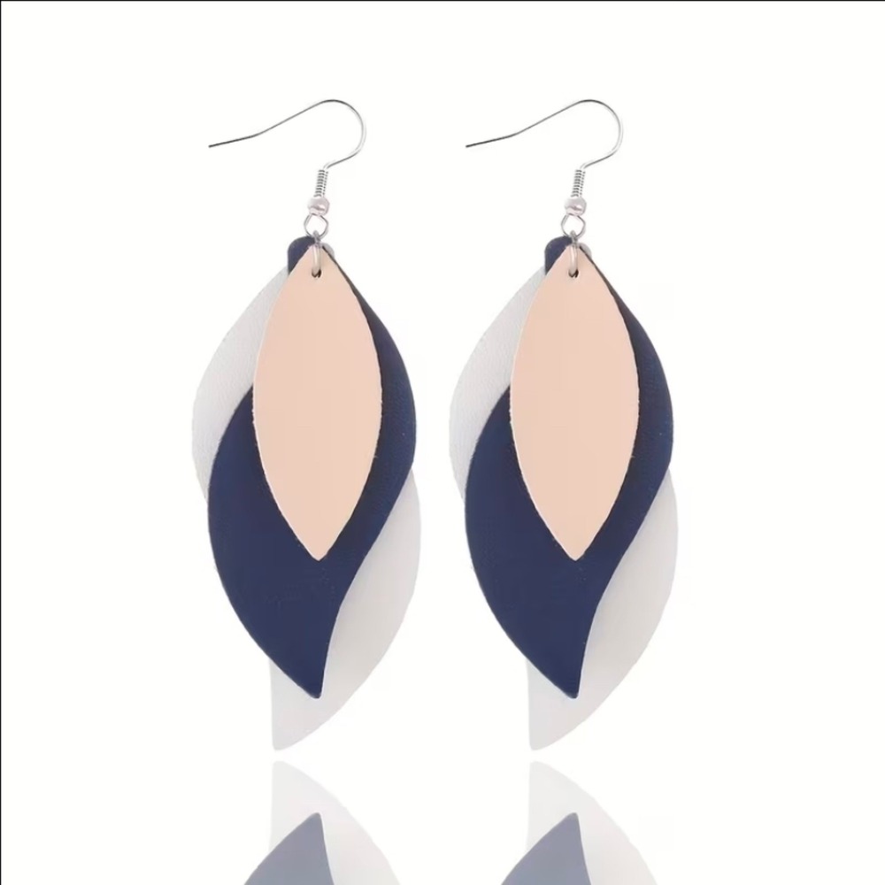 3-layer Leaf Geometric Design Retro Dangle Earrings Handmade NAVY BLUE TAN WHITE